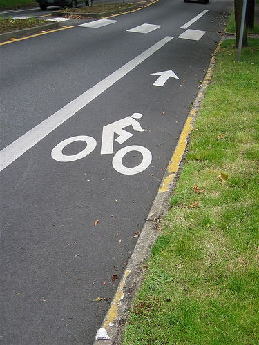 A photograph of a bike lane on a road. It has a graphic of a person riding a bicycle painted on it