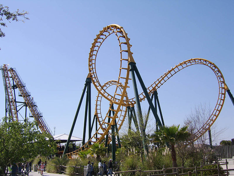 A photograph of a very twisty roller coaster at an amusement park