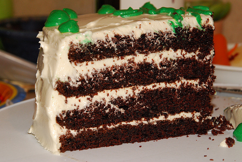 A photograph of a piece of iced, chocolate cake