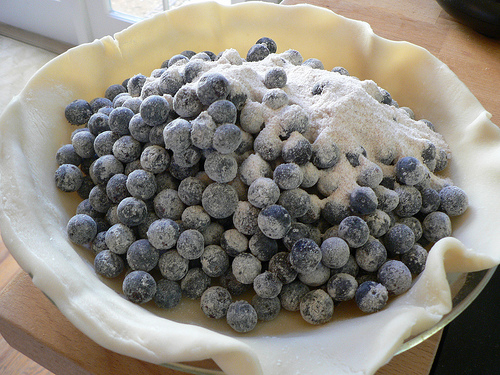 A photograph of a blueberry pie being made. The blueberries are piled into the middle of a raw crust in a dish.