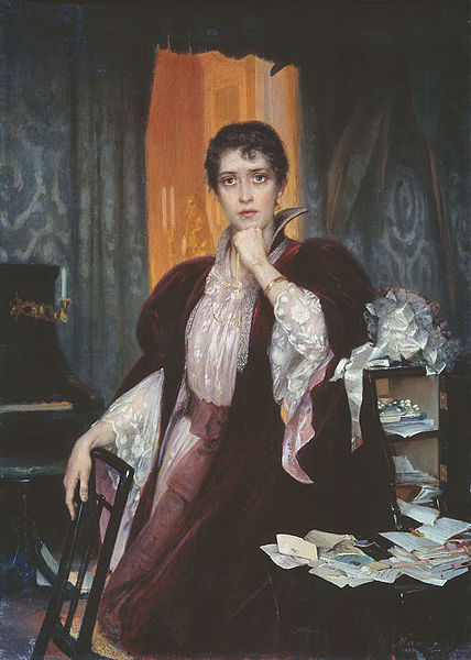 A portrait/painting of the character Anna Karenina. She is a wearing an 18th century gown and is surrounded by envelopes and letters.