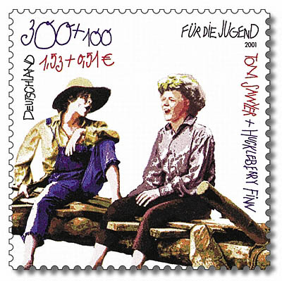 An image of a postage stamp featuring the painted characters Tom Sawyer and Huckleberry Finn sitting on a rock wall.