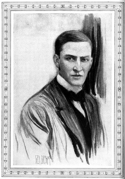 Charcoal drawing of a serious=looking George Ade as a young man