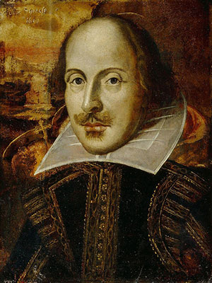 A painting portrait of English playwright William Shakespeare. he is dressed in formal clothes typical of the 16th Century.