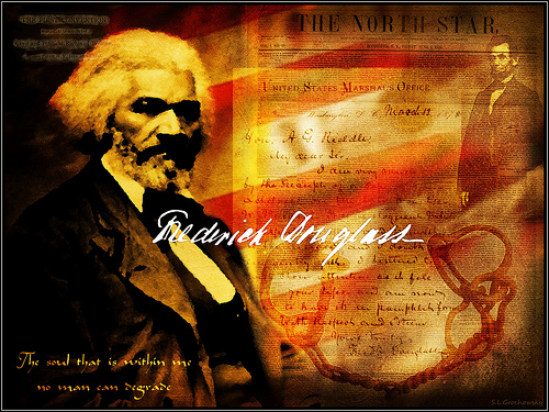 A poster of Frederick Douglass. Featured is a photograph of him as an older man, his signature, slave manacles, President Abraham Lincoln, and a quote that reads “the soul that is within me no man can degrade.”