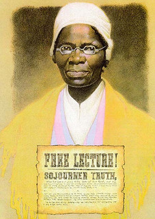 A poster advertising a Sojourner Truth lecture. On it is a portrait of her wearing a head wrap and glasses.