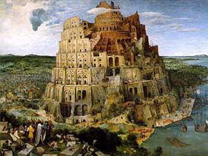 An image of the Tower of Babel showing a massive, but unfinished, tower. At its base and in the foreground of the picture, workers and their supervisors are arguing about how to finish their project.