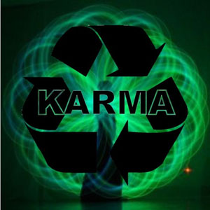 The symbol for Recycling with the word “Karma”