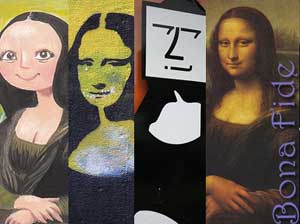 Four different artist’s versions of the famous picture, “Mona Lisa.” The original one has the caption “Bona Fide.”