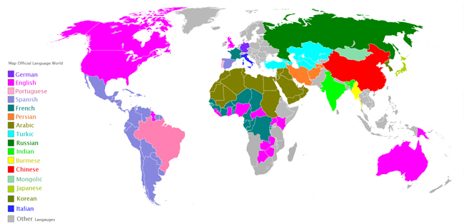 A special purpose map of the world that shows all of the world’s official languages by country and region 