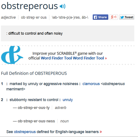 Merriam Webster’s homepage, with “obstreperous” entered in the search bar, circled along with the search button