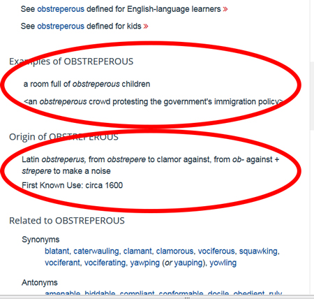 Merriam-Webster’s website; page with the definition of “obstreperous” with the word heading, definitions, and etymology sections circled in red with red arrows pointing to them