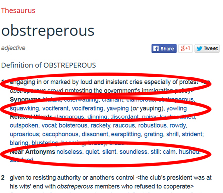 Merriam-Webster’s website with the Spanish-English tab selected and circled in red, and two hyperlink “obstreperous” entries circled in red with an arrow pointing to it