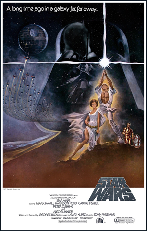 A movie poster from the original, 1977, movie Star Wars. Shown are the characters Darth Vader, Luke Skywalker, Princess Leia, C-3PO, and R2-D2.
