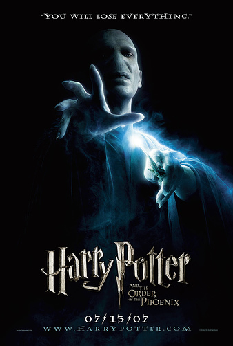 A poster from the Harry Potter movie series: The Order of the Phoenix. It has the character Lord Voldemort on it holding his wand out in a menacing fashion.