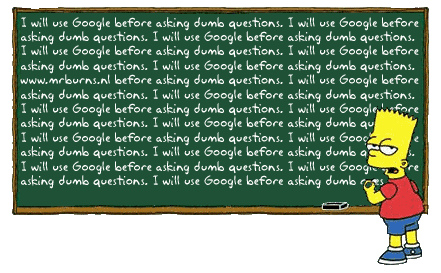 An image of the Simpson’s character Bart Simpson writing on a chalkboard. He has written “I will use Google before asking dumb questions” numerous times.