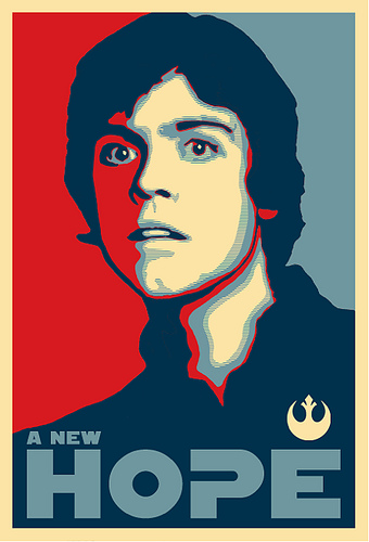 A poster of the Star Wars character Luke Skywalker. It has the words :” A New Hope” on it as well as a Jedi Knight symbol.