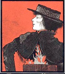 A cover from the playbill of the play Pygmalion. It features the character Eliza Doolittle, a distinguished looking woman wearing all black and carrying a basket of flowers.