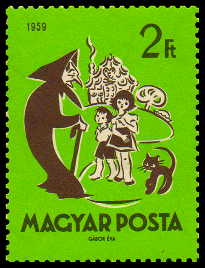 A postage stamp that depicts characters from the old tale of Hansel and Gretel. Shown are Hansel, his sister Gretel, and a witch. They are standing near a house made of sweets.