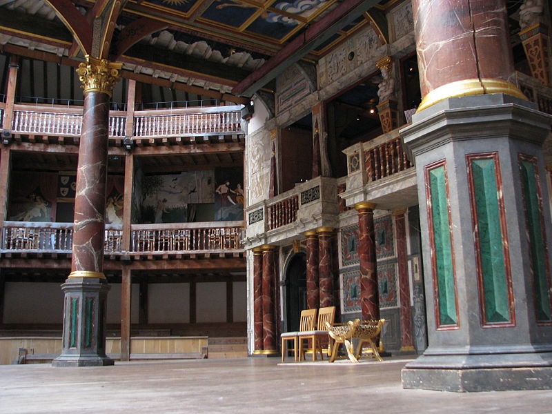 A photograph of the Globe Theatre in England taken from the stage level