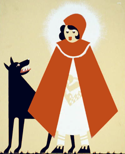 Illustration of a girl in a red cape and bonnet standing next to a wolf baring it’s fangs