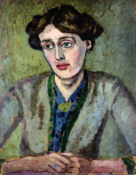 A painting of Virgina Woolf. She looks to the side with sad eyes and wears her brown up.