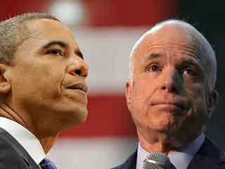 A close-up portrait of John McCain and Barack Obama at a debate, standing against a field of red and white stripes in the background. Both men look thoughtful, as if they are considering a difficult problem.
