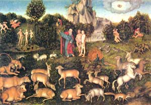 A detailed oil painting from the 16th Century, showing the Garden of Eden. In the center of the painting, Adam and Eve stand naked before God, who is wearing rich robes and instructing them. The foreground is filled a bounty of animals, cattle, lions, foxes, monkeys, and a unicorn—many of these animals are in pairs, a male and a female animal. The background of this detailed picture shows other parts of the story of Adam and Eve and the Garden of Eden—the creation of Adam and Eve, and the two of them being chased out of the Garden of Eden by an angel.