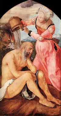 An oil painting from the Renaissance. Job sits, looking sorrowful, while a fire rages in the background. Job’s wife pours water over his shoulders. 