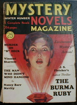 The cover of the magazine Mystery Novels Magazine. A woman’s astonished face looks toward brilliant red and white light emanating from a huge red ruby.