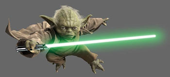 A photograph/movie still of Yoda jumping through the air holding a light saber