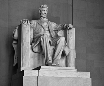 A photograph of the seated statue of President Abraham Lincoln at the Lincoln Memorial in Washington, D.C.