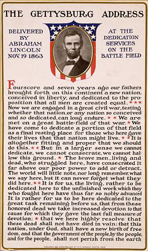 A poster of President Abraham Lincoln’s Gettysburg Address with a picture of President Lincoln at the top of it