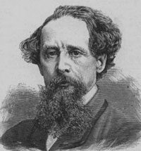 A drawing portrait of author Charles Dickens. He is a man in late middle age with a full beard and moustache.