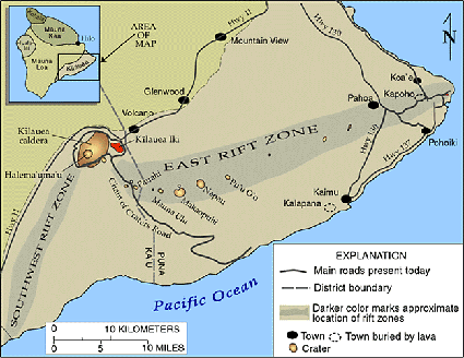 A special purpose map showing where the Hawaii Volcanoes National Park is on the island of Kilauea, Hawaii