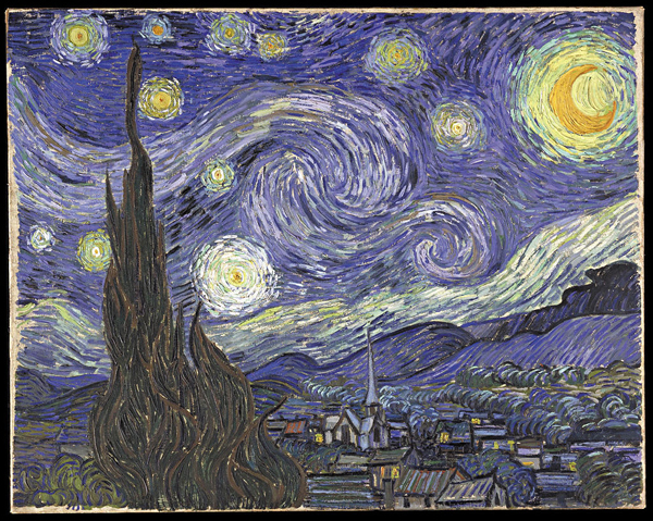 An image of the painting “Starry Night” by Vincent Van Gough. It shows the moon and stars over a town in the hills.