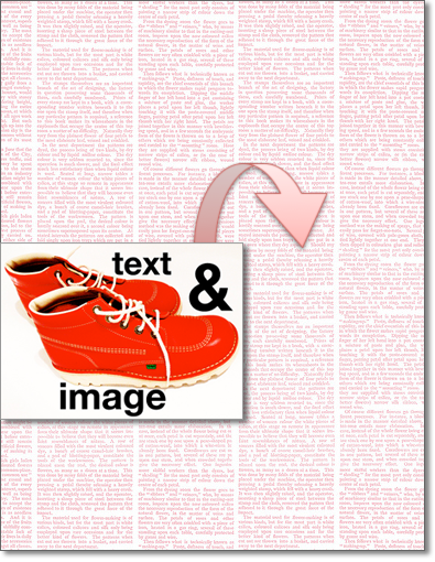 A pair of red workboots with white soles and laces, the words “text & image” arranged around them.On the background is graphic of a pinkish, faded out newspaper page with not images, only text