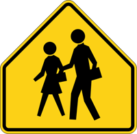 A graphic of a school crossing sign showing shadow outlines of male and female students walking