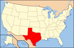 A special purpose map showing the location of Texas in the United States