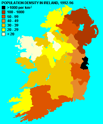 A special purpose map of the Republic of Ireland showing population density for the years 1992-1996