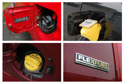 image of four typical labeling/badging used American models to identify E-85 flexible-fuel vehicles