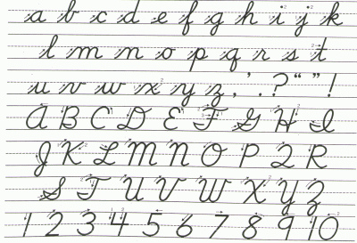 An image of upper case and lower case cursive letters. The numbers one through ten appear at the bottom.