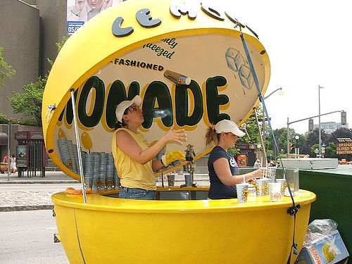 A photograph of a Lemonade stand in a city park. There are two young women working behind the counter.