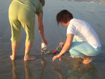 Two women trying to rescue a starfish on a wet beach.