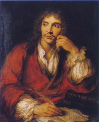 A painted portrait of 17th century French playwright Moliere. He is seated and wearing clothing typical of the period.