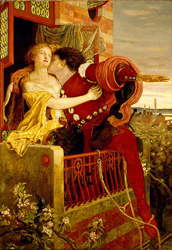 A painting of Romeo & Juliet exchanging a kiss on a balcony