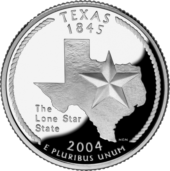 A photograph of a Texas quarter from 2004. It has an image of the actual state of Texas emblazoned with a five pointed star with the words “the Lone Star State” underneath.