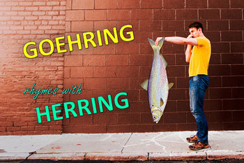 photo of man holding a large fish with one hand and holding his nose with the other; The brick wall behind him reads “Goehring rhymes with Herring.”