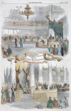 wood engraving of a session of the 32nd US Congress depicting men gathered in the chamber to hear speeches.