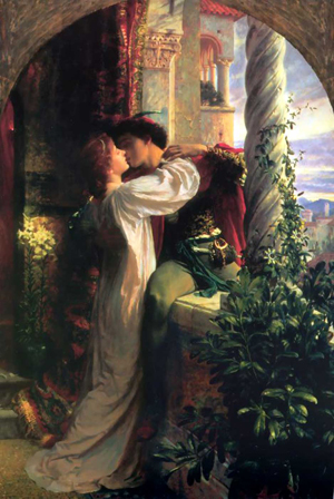 Painting of Romeo and Juliet. Romeo sits on the edge of the balcony, embracing Juliet and kissing her.